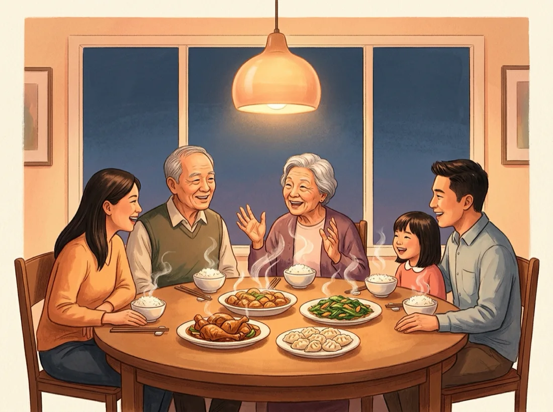 환한 등 아래 식탁에 3대가 둘러앉아 김이 오르는 음식을 나누며 웃고 이야기하는 따뜻한 일러스트