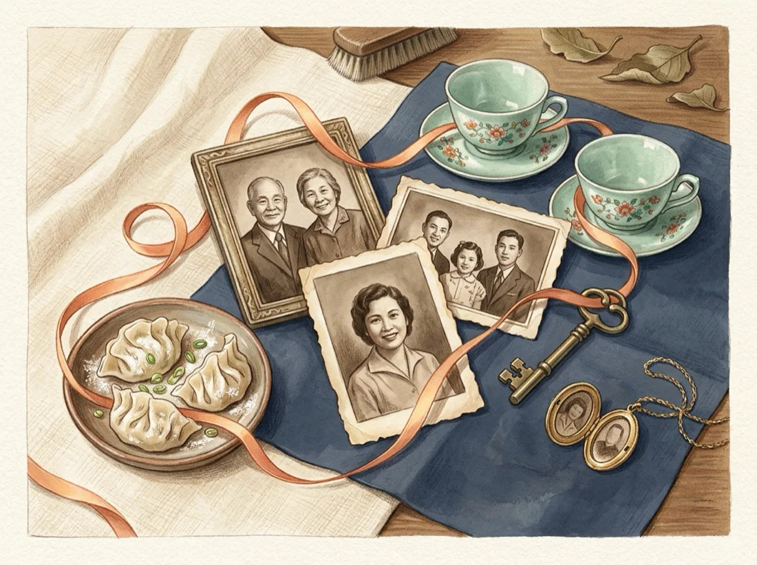 Ilustración editorial de fotografías familiares antiguas, tazas de porcelana, dumplings, una vieja llave de latón y un relicario unidos por un hilo cálido