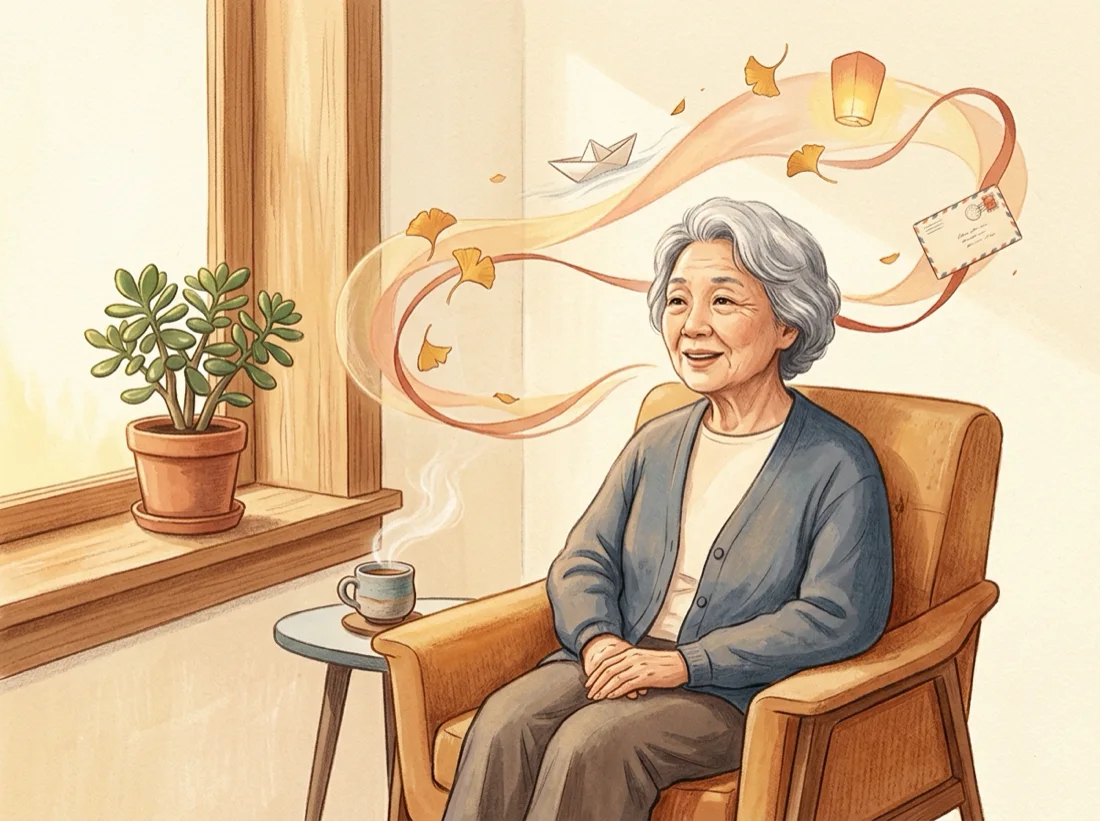 햇살이 드는 창가에서 할머니가 따뜻하게 이야기를 들려주고, 복숭아빛 기억의 리본이 공중으로 피어오르는 수채화 일러스트