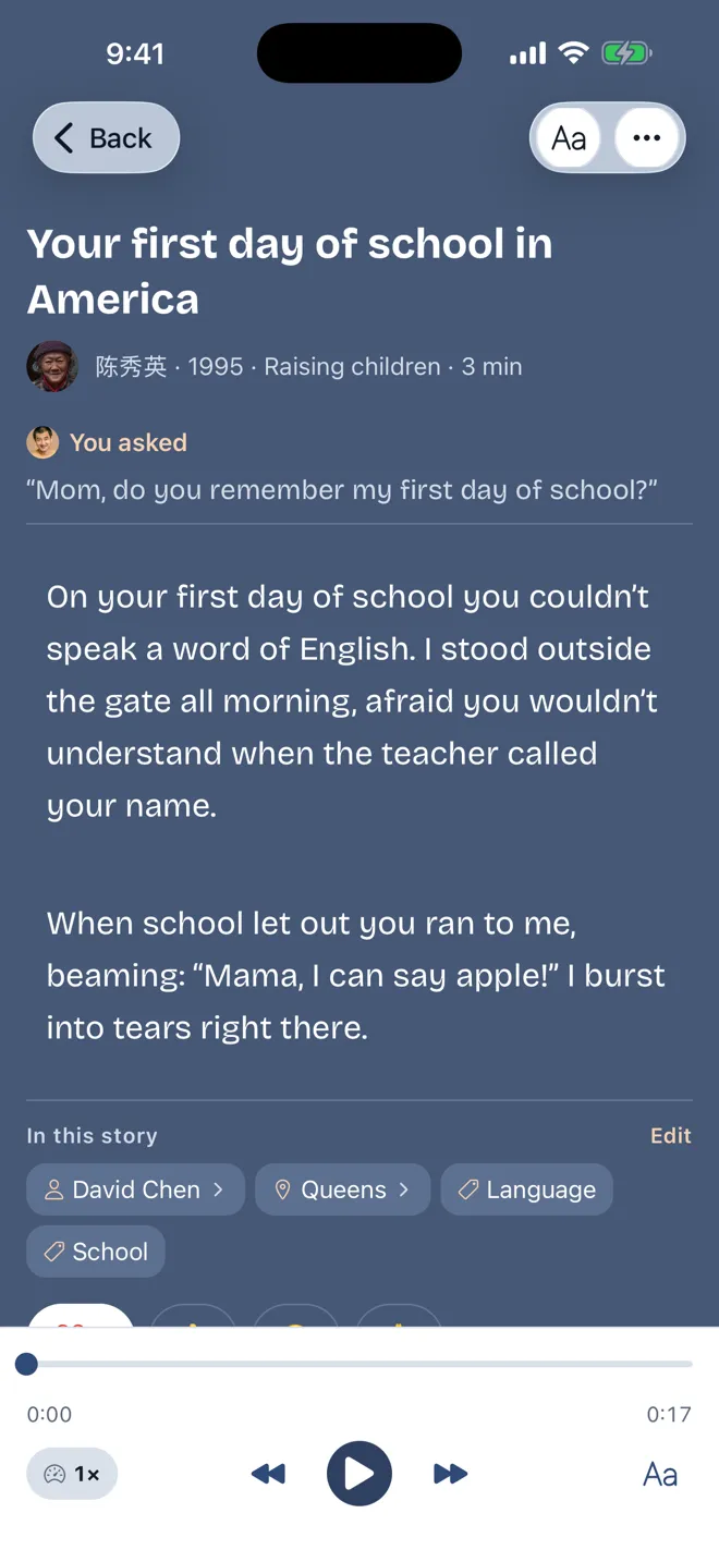 앱 속 이야기: 녹음을 바탕으로 영어로 정리되어 있고, 아래에서 녹음을 들을 수 있어요